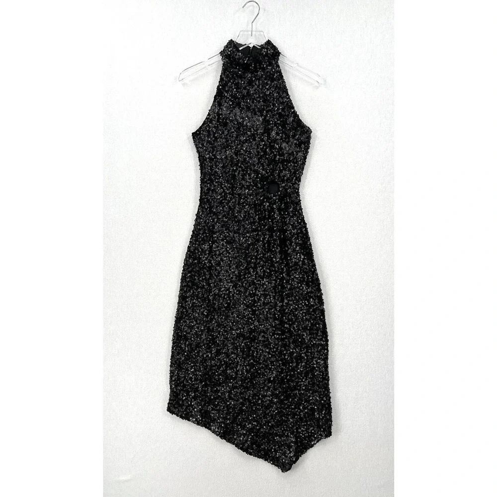 CIEBON Signy Sequin Asymmetrical Gown Womens Small Black Halter Midi Sleeveless - Picture 3 of 16